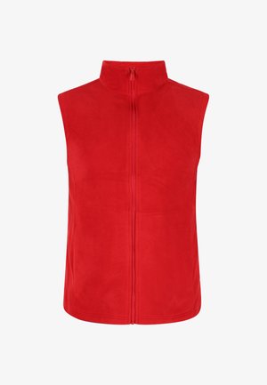 Gilet en polaire rouge avec un col haut et une fermeture éclair à l'avant. Présente une texture lisse et sans manches, conçu pour la chaleur et le superposition.