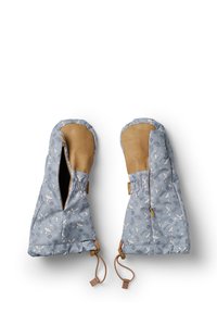 Blaue Handschuhe mit weißen Mustern von Vögeln und Blättern, ausgestattet mit sandfarbenen Lederakzenten, elastischen Bündchen und verstellbaren Kordeln.