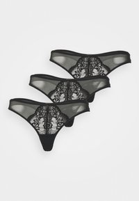 Zwart tangalingeriesetje met een doorzichtige mesh voorkant en intricante kanten details aan de achterkant, voorzien van een gladde tailleband en minimale stiksels.