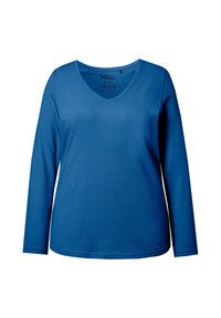 Niebieska koszula z długim rękawem i dekoltem w serek, wykonana z miękkiego materiału o gładkiej fakturze. Charakteryzuje się prostym designem i prostym krojem.