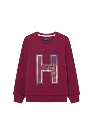 Bordeauxrød crewneck-sweatshirt med stort bogstav "H" i mønstret design og "Hackett" broderet under på forsiden.