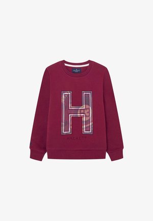 Bordowa bluza crewneck z dużą literą "H" w wzorzystym designie oraz haftowanym napisem "Hackett" poniżej z przodu.