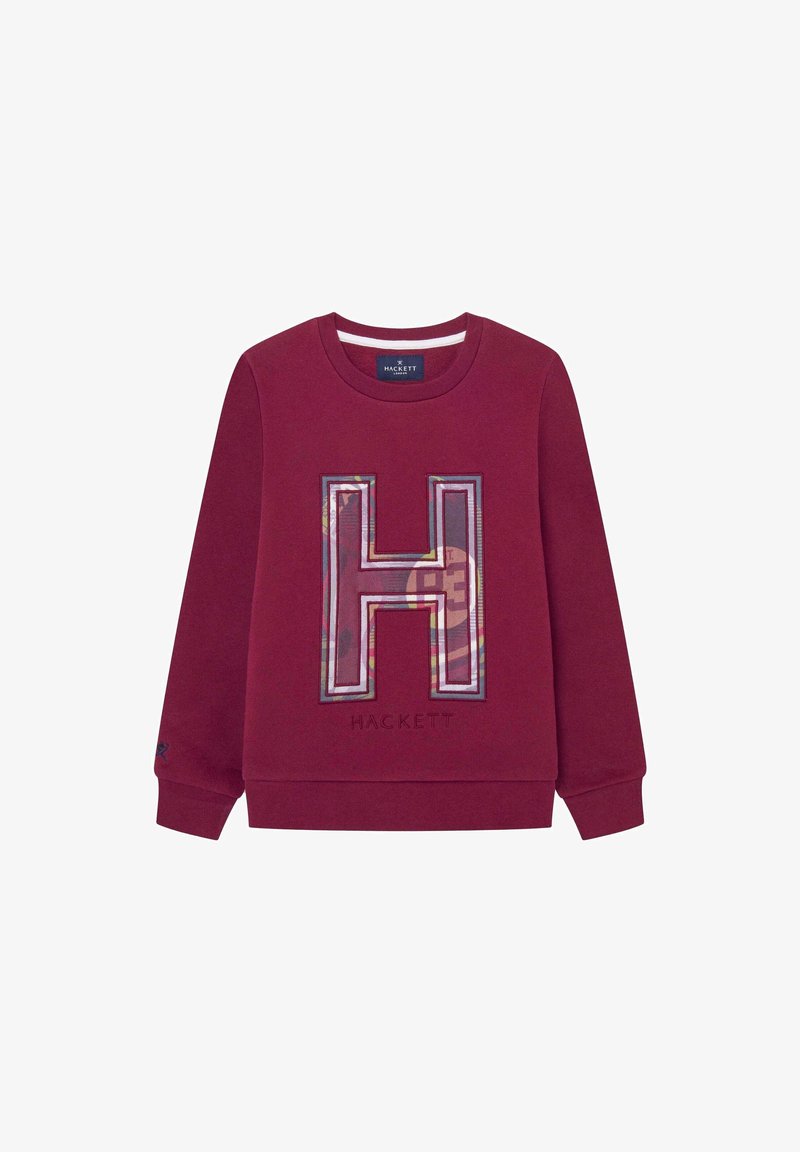 Sweat-shirt col rond bordeaux avec une grande lettre "H" en motif et "Hackett" brodé en dessous à l'avant.