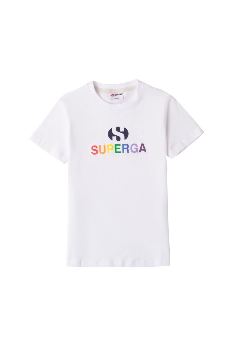 Camiseta blanca de manga corta con el logo "SUPERGA" multicolor en degradado, con cuello redondo y material de algodón suave.