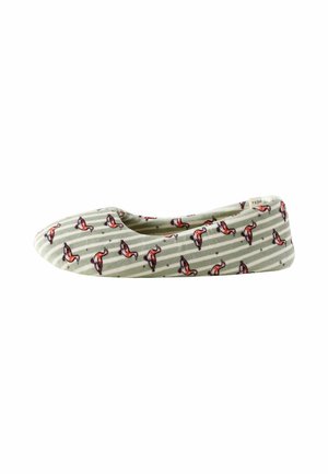 Flat fabric shoe with light green and white stripes and a repeating pattern of small red and black birds.