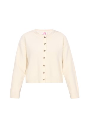 Kremowy sweter z dzianiny z okrągłym dekoltem, długimi rękawami i metalowymi guzikami w kształcie serca z przodu. Ściągacze na mankietach i u dołu.