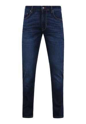 Donkerblauwe spijkerbroek met een rechte pasvorm, voorzien van subtiele wassing, vijf-pocket ontwerp en contrasterende stiksels. Knopsluiting bij de taille.