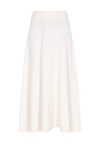 Jupe longue en tricot blanche avec une taille côtelée et une légère évasement, présentée sur un fond uni.