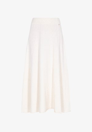 Fustă lungă, albă, din tricot, cu o talie dintr-un material ribetat și o ușoară evazare, prezentată pe un fundal simplu.