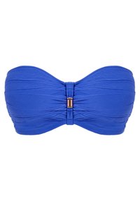 Bikini top a bandeau blu con texture arricciata e un accento metallico centrale. Tessuto liscio, senza spalline, forma strutturata.
