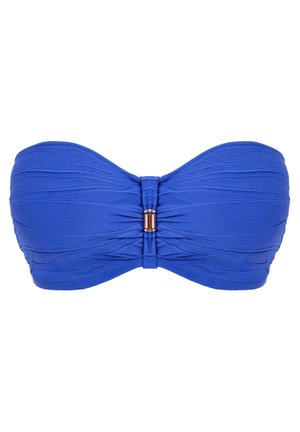 Blue bandeau bikini top with gathered texture and a central metallic accent. Smooth fabric, no straps, structured shape.