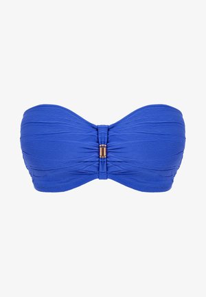 Modrý bandeau bikiny vršek s nabíranou texturou a centrálním kovovým akcentem. Hladká tkanina, bez ramínek, strukturovaný tvar.