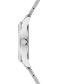 Montre en acier inoxydable argenté avec une lunette lisse, une couronne ronde et une finition brossée sur le boîtier. Équipée d'un bracelet en métal à maillons.