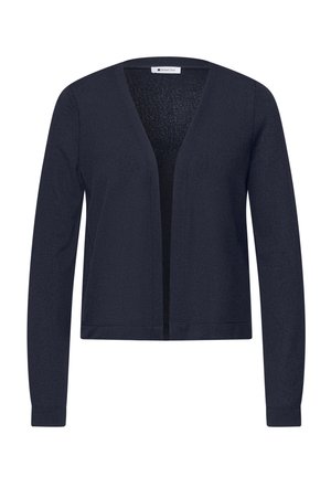 Cardigan bleu marine à manches longues, ouvert sur le devant, avec un col en V et des poignets ajustés, fabriqué en tissu tricoté léger.
