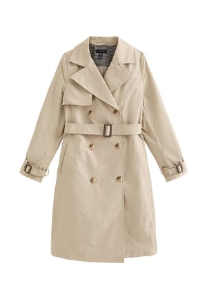 Gabardina beige de doble botonadura con cinturón y detalles de hebilla en las mangas, con solapas anchas y bolsillos laterales.