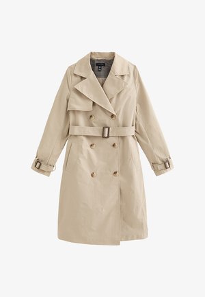 Gabardina beige de doble botonadura con cinturón y detalles de hebilla en las mangas, con solapas anchas y bolsillos laterales.