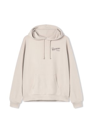 Jasno beżowa bluza z kapturem, wykonana z miękkiego materiału, z przednią kieszenią, sznurkiem w kapturze oraz haftowanym napisem na piersi.