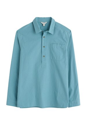 Türkises Langarm-Polo-Shirt aus geripptem Stoff, mit einer Brusttasche, einem Kragen mit drei Knöpfen und Kontrastnähten.