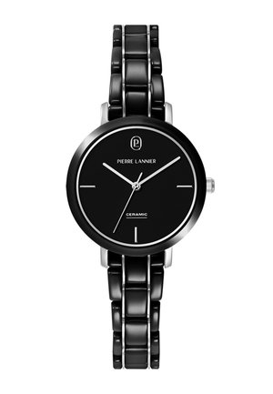 Reloj de pulsera de cerámica negra con esfera redonda, detalles en plateado, tres agujas y marcadores de hora mínimos, con la marca "Pierre Lannier" en la esfera.