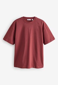Bordové tričko z bavlny s okrúhlym výstrihom, krátkymi rukávmi a voľným strihom. Hladká textúra bez viditeľných vzorov.