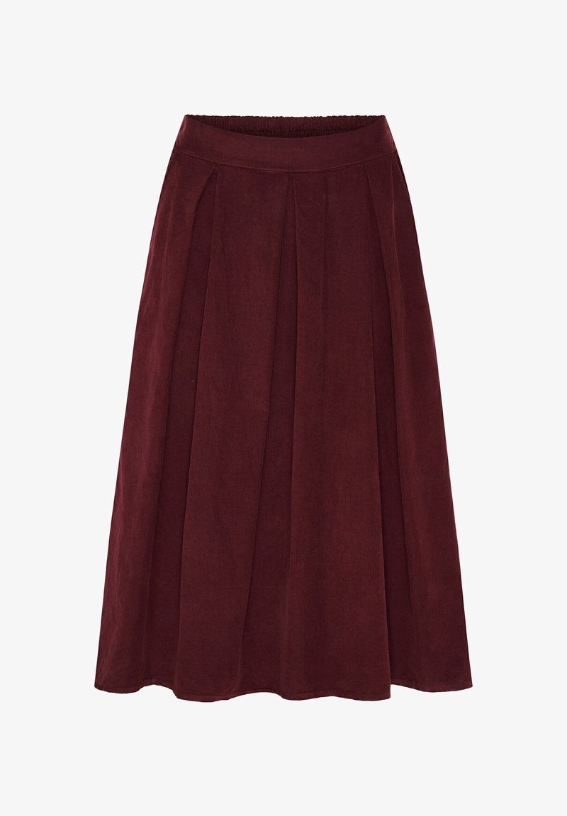 Bordeaux farvet kordfløjls midi nederdel med bred talje og læg, udvidet silhuet og blødt tekstureret stof.