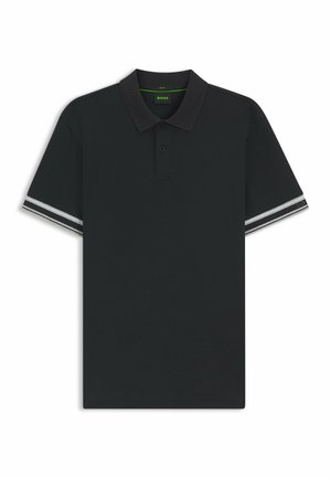 Zwarte poloshirt met een gestructureerde kraag, een placket met twee knopen en gestreepte accenten op de mouwen, gemaakt van ademend materiaal.