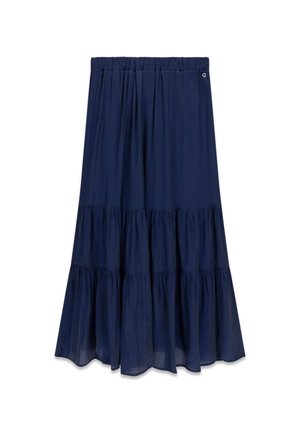 Marineblauwe maxi-rok met laagjes, een gerimpelde elastische tailleband en vloeiende, gelaagde stofdetails.