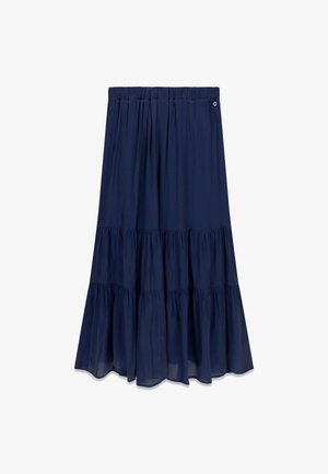 Marineblauwe maxi-rok met laagjes, een gerimpelde elastische tailleband en vloeiende, gelaagde stofdetails.