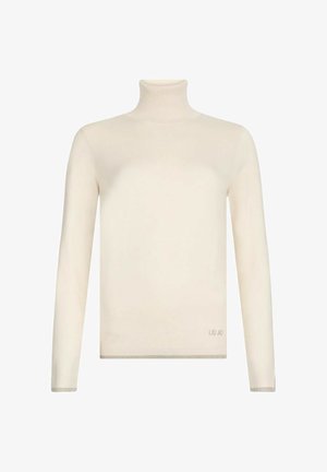 Maglione a dolcevita color crema in maglia a coste. Maniche lunghe con un sottile dettaglio argentato all'orlo. Logo del marchio posizionato in basso a sinistra.