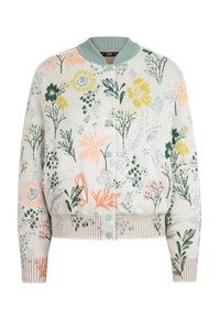 Blommönstrad cardigan i mjuka pastellfärger, med en mintgrön ribbad krage och knappar, i ett strukturerat stickat tyg och med en figurnära fåll.