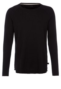 Svart långärmad tröja i mjukt material. Har rund halsringning, raglanärmar och en något ojämn fåll. Inga synliga mönster.