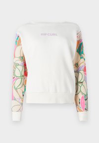 Sudadera blanca con mangas de patrones coloridos, que presenta un logo "RIP CURL" en lavanda claro en la parte frontal. Puños y dobladillo acanalados.