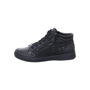 Black mid-top sneaker with lace-up front, side zipper, subtle printed text pattern, and padded ankle collar.