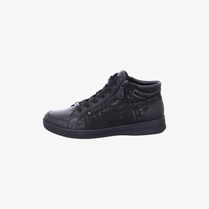 Black mid-top sneaker with lace-up front, side zipper, subtle printed text pattern, and padded ankle collar.