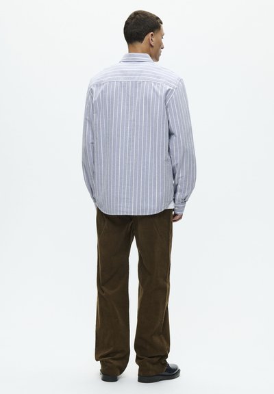 Chemise à rayures à manches longues bleu clair et blanche, accompagnée de pantalons en velours côtelé marron. La chemise possède un col pointu et un ourlet arrondi.