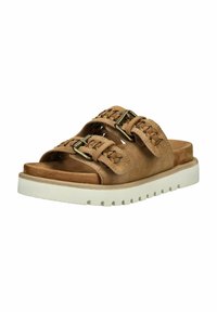 Sandali a scivolo in suede tan con due cinturini regolabili con fibbie metalliche, soletta imbottita e suola in gomma bianca con battistrada testurizzato.