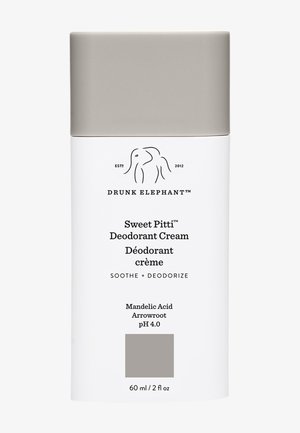 Drunk Elephant Sweet Pitti Deodorant Cream in a white cylindrical container with a gray lid. Text includes product name and key ingredients.