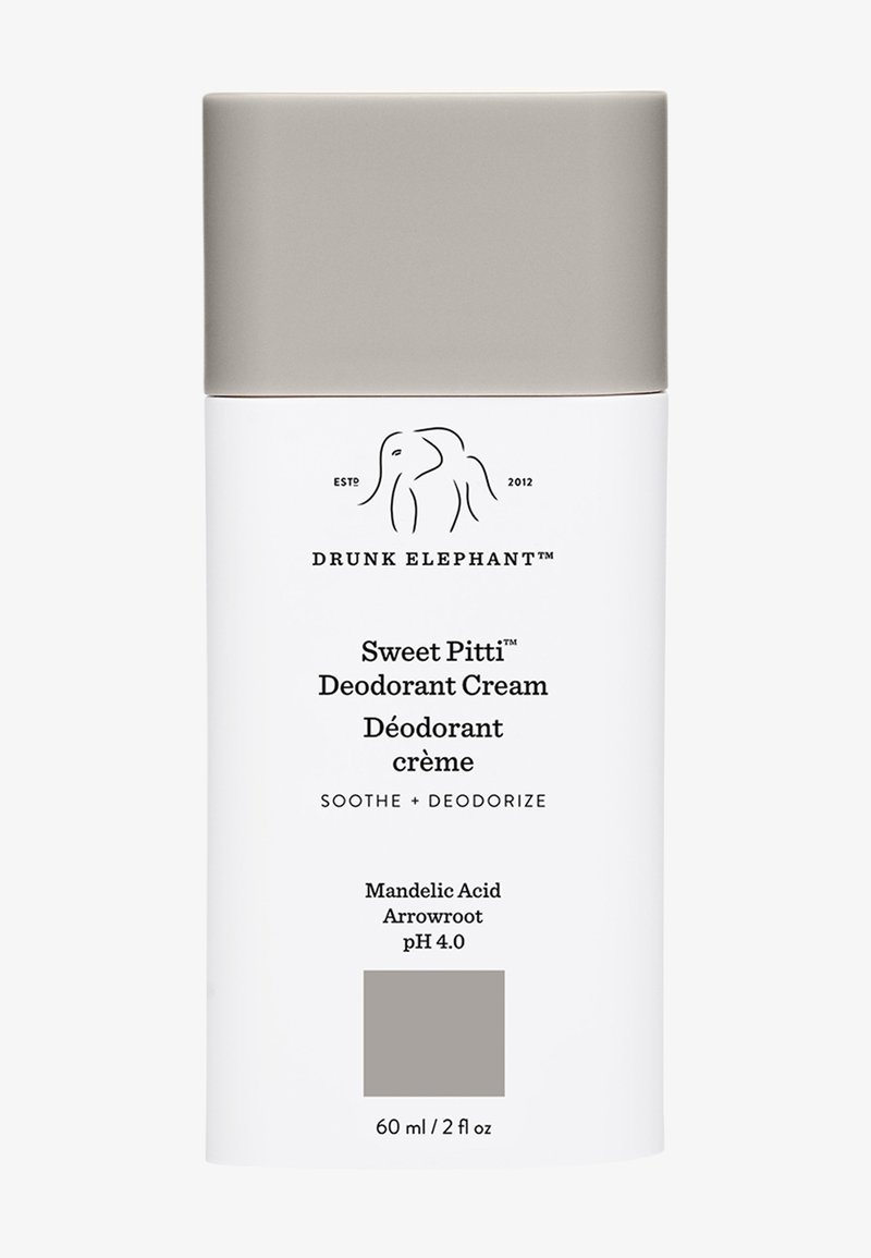 Drunk Elephant Sweet Pitti Deodorant Cream in a white cylindrical container with a gray lid. Text includes product name and key ingredients.