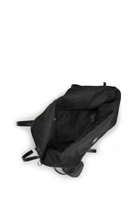 Sac fourre-tout noir avec un intérieur spacieux, doublé de tissu, une fermeture éclair et une petite poche zippée à l'intérieur.