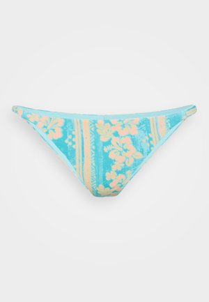 Blå bikini bund med blomster mønstre i lyserød og orange. Har en klassisk lavtaljet snit og en glat stoftekstur.