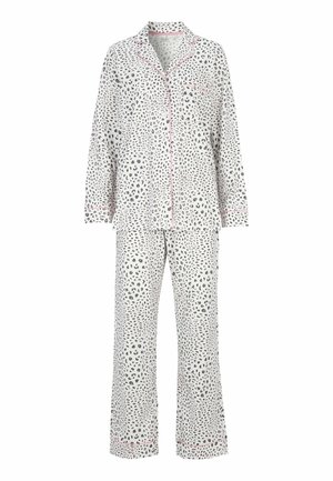 Sæt med pyjamas i leopardprint bestående af en langærmet, knaplukket top og bukser med vide ben, lavet af blødt stof med kontrasterende pink detaljer.