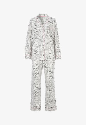 Sæt med pyjamas i leopardprint bestående af en langærmet, knaplukket top og bukser med vide ben, lavet af blødt stof med kontrasterende pink detaljer.