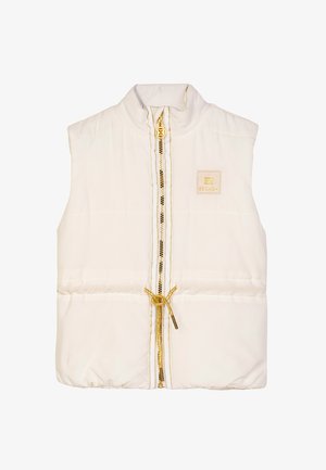 White padded vest with high collar. Features a gold zipper, gold accents, and an "Escada" logo patch. Drawstring detail at the hem.