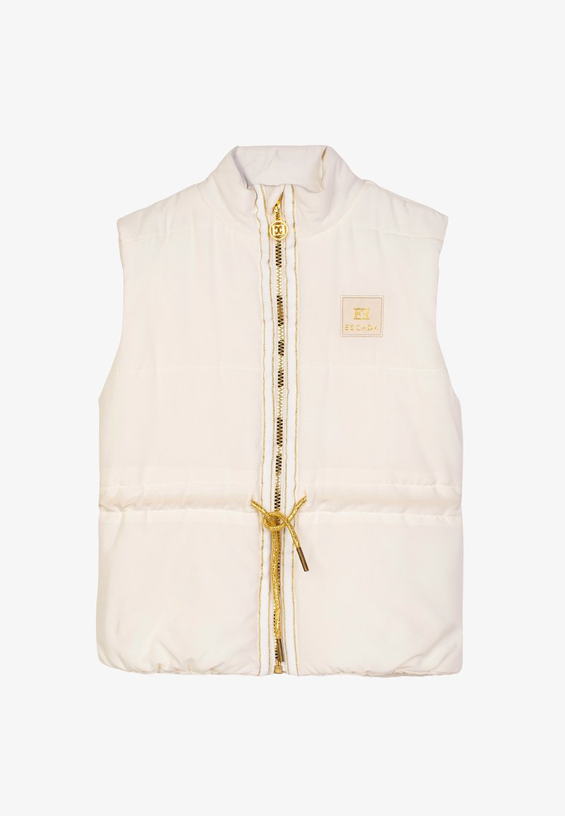 Weißer gepolsterter Weste mit hohem Kragen. Verfügt über einen goldenen Reißverschluss, goldene Akzente und ein "Escada"-Logopatch. Kordelzug am Saum.