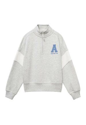 Ljusgrå pullover-tröja med halvvindkrage, vita ärm-accenter och en blå tryckt "A"-logotyp med texten "AMAZING FUN."