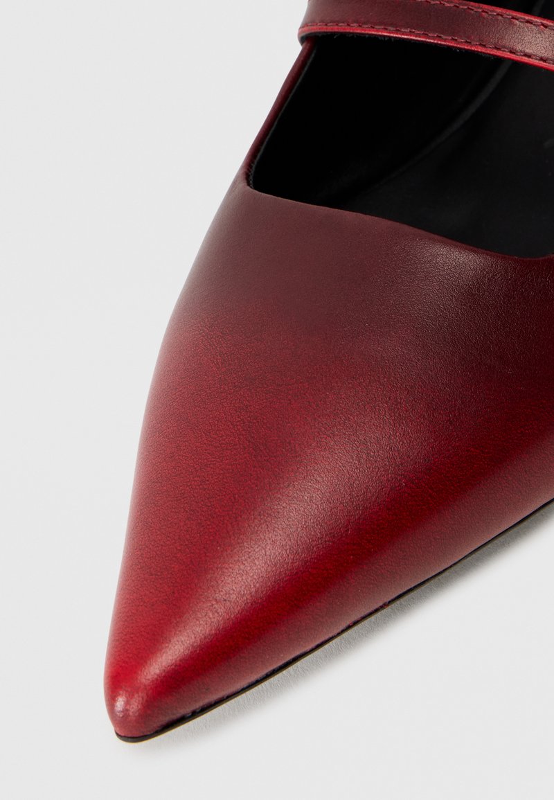 Bordeauxfarbene Lederpumps mit spitzem Zehenbereich, Ausschnittdesign und einem Riemen über dem Spann; glatte Textur und elegante Silhouette.