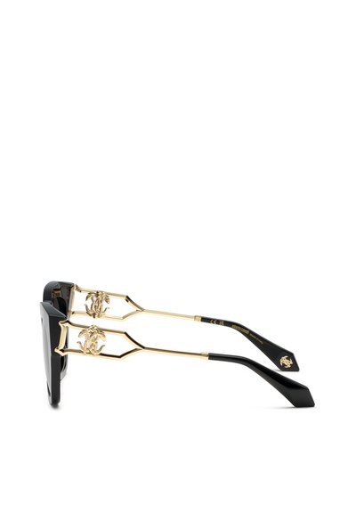 Lunettes de soleil noires avec monture métallique dorée comportant des détails de logo ornés sur les branches et des branches noires avec extrémités à logo.