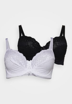 Dois sutiãs: um branco com detalhes em renda e um preto com acabamentos bordados. Ambos possuem alças ajustáveis e uma textura suave.