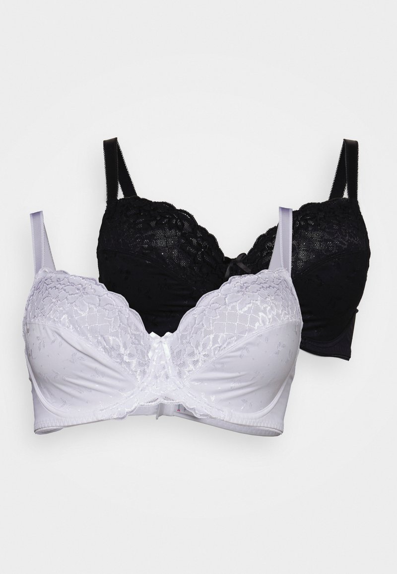 Due bras: uno bianco con dettagli in pizzo e uno nero con accenti ricamati. Entrambi presentano spalline regolabili e una texture liscia.