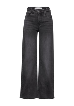 Jeans a gamba larga in denim nero, a vita alta con orlo sfilacciato. Presentano una chiusura con bottone e tasche frontali sottili, texture liscia.